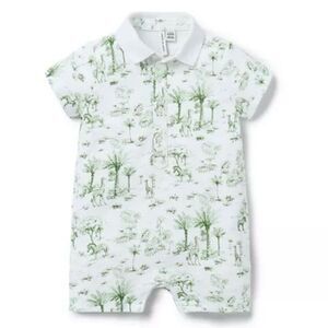 Janie and Jack Baby Tropical Toile Polo Romper Green and White Size 0-3months